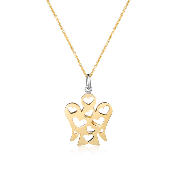 Necklace With Angel Pendant With Double Face Hearts In White And Yellow Gold