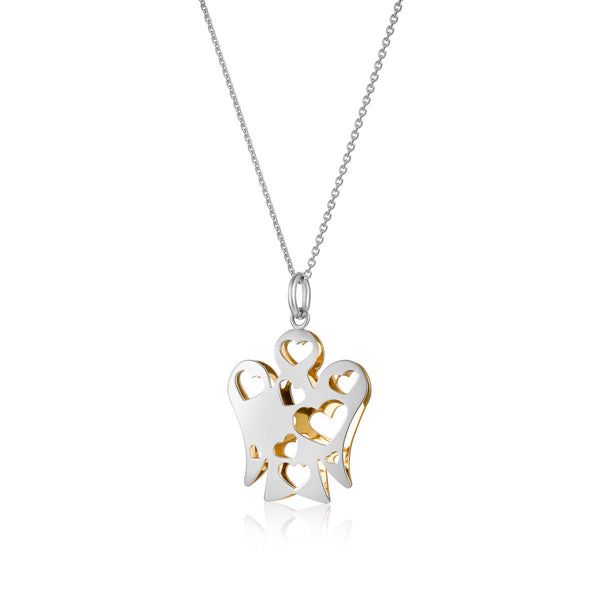 Necklace With Angel Pendant With Double Face Hearts In White And Yellow Gold