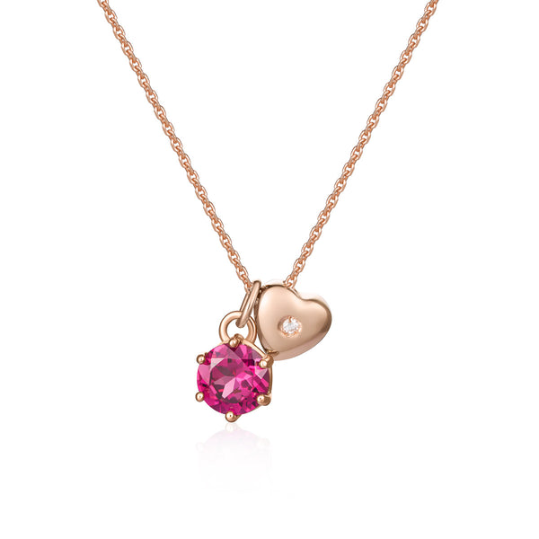 Collana in oro rosa con rodolite e cuore con diamante