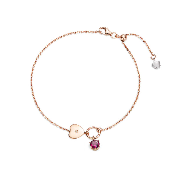 Bracciale in oro rosa con rodolite e cuore con diamante