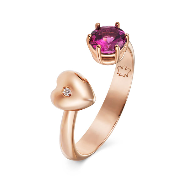 Anello contrarié in oro rosa con diamante e rodolite