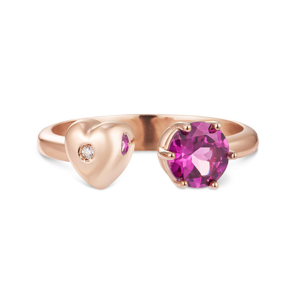 Anello contrarié in oro rosa con diamante e rodolite