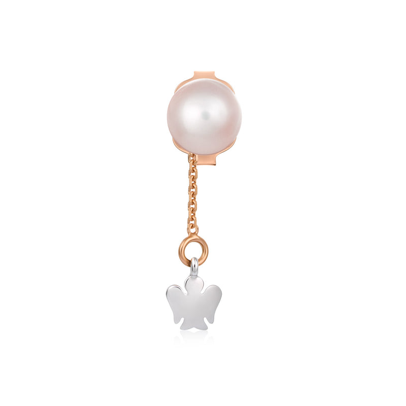Rose gold single earring with pearl and pendant angel