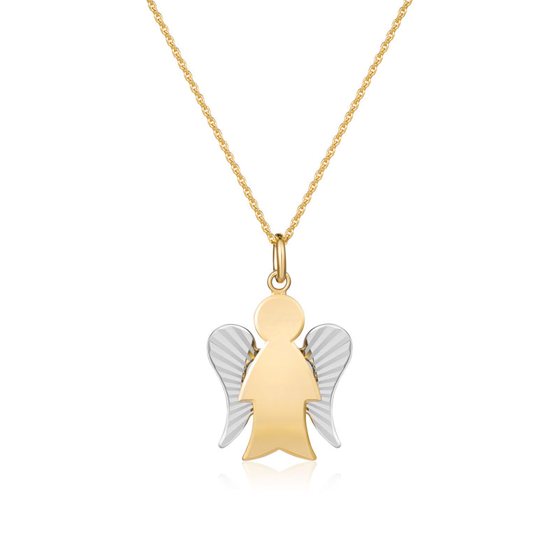 Necklace with angel in yellow gold and diamond wings