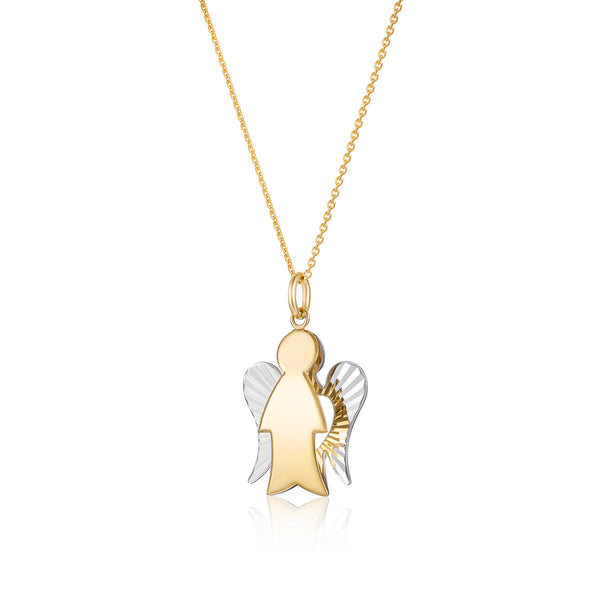 Necklace with angel in yellow gold and diamond wings