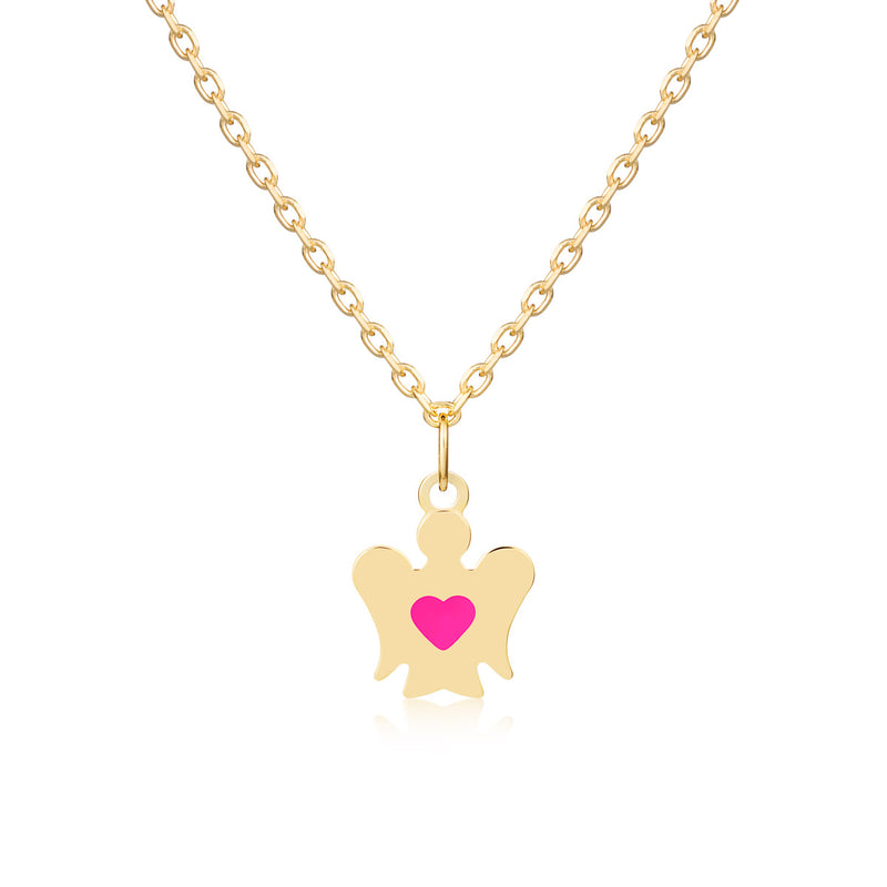 Gold necklace for girls with angel and pink heart