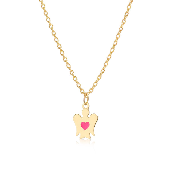 Gold necklace for girls with angel and pink heart