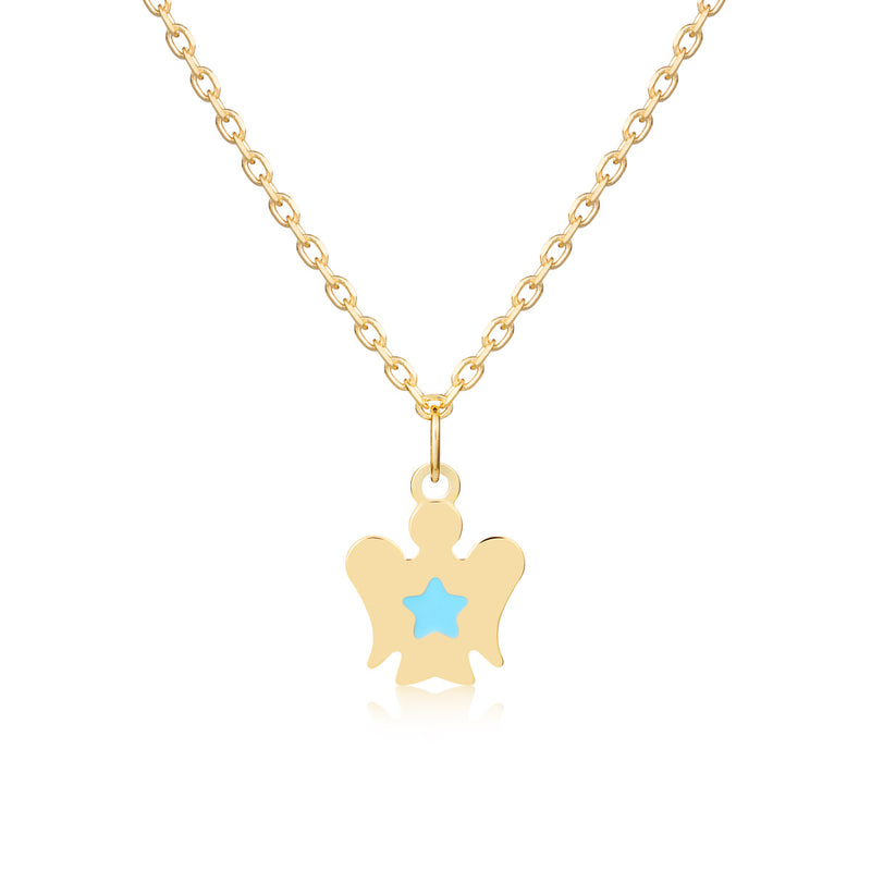 Gold child necklace with angel and blue star