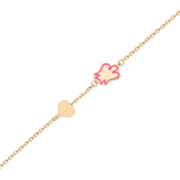 Gold bracelet for girls with pink angel and heart