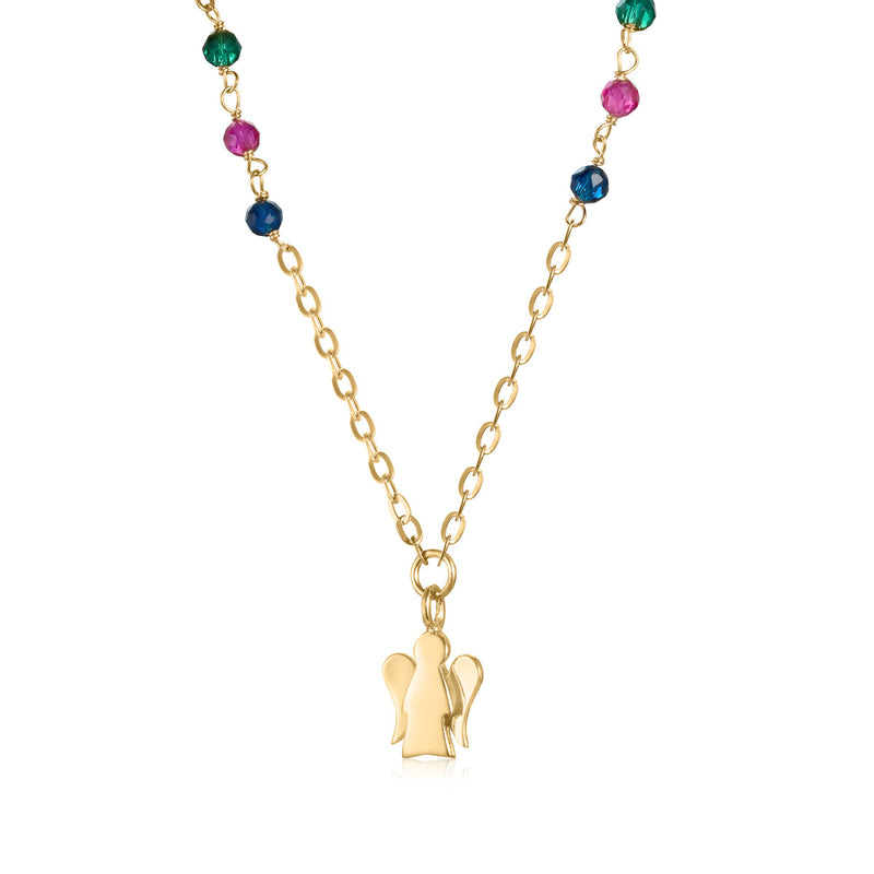 Necklace with angel pendant in gold and colored stones