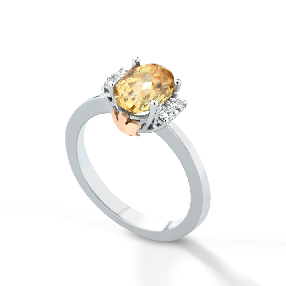 Anello in oro bianco, diamanti e citrino