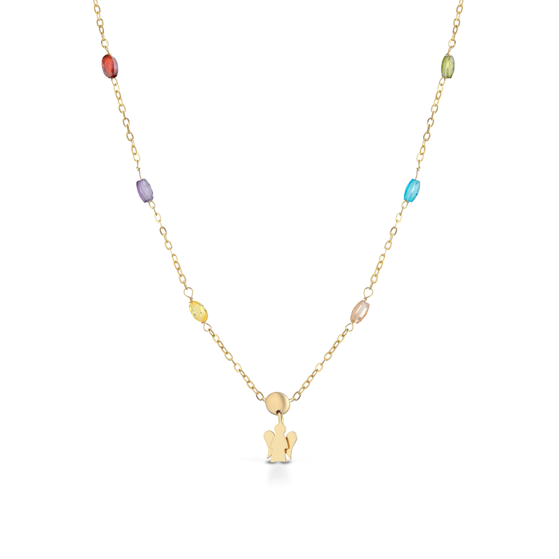 Collana in oro giallo con angelo e pietre colorate