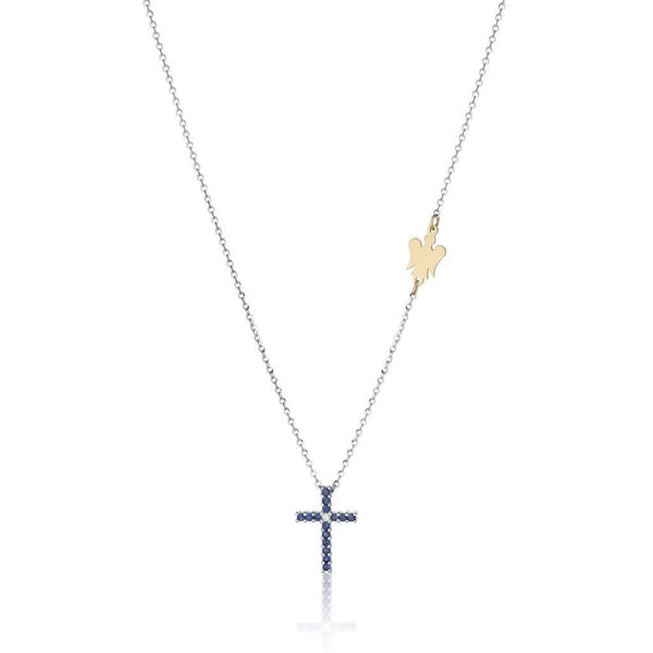 Collana con croce in oro bianco e zaffiri