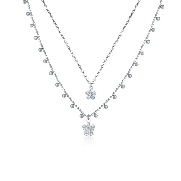 Collana A Doppia Catena Con Angelo E Fiore Charms In Argento E Zirconi - Roberto Giannotti