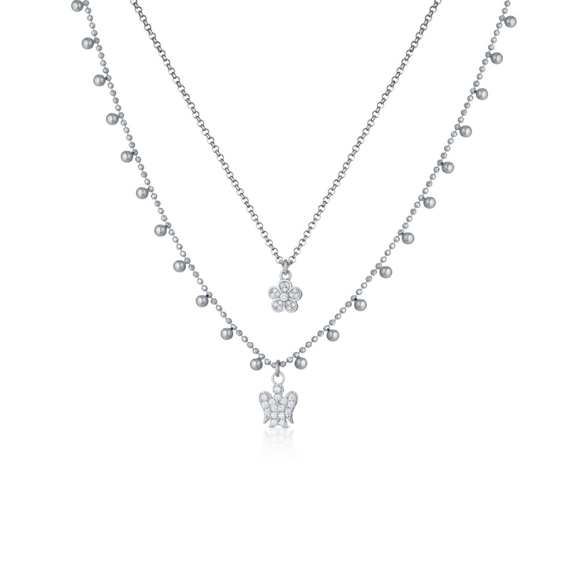 Collana A Doppia Catena Con Angelo E Fiore Charms In Argento E Zirconi - Roberto Giannotti