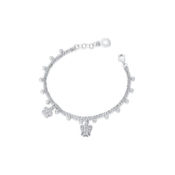 Bracciale A Doppia Catena Con Angelo E Fiore Charms In Argento E Zirconi - Roberto Giannotti