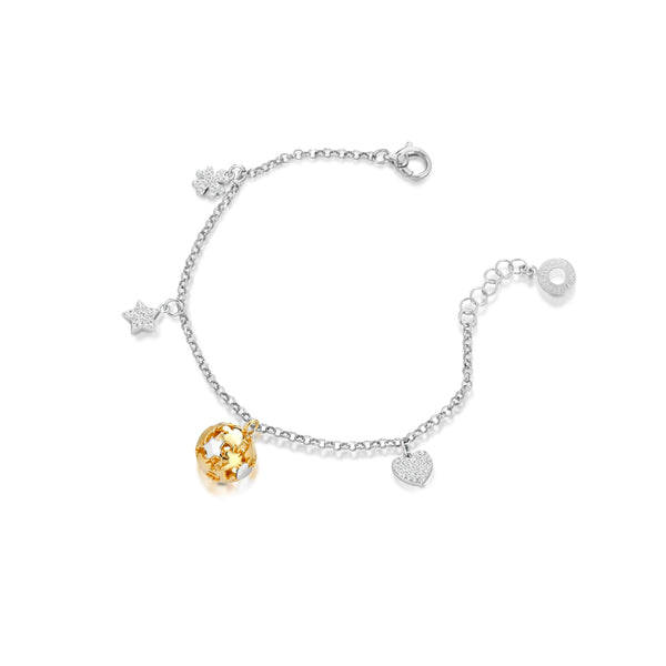 Bracciale Chiama Angeli In Argento Bianco E Giallo Con Cuore, Stella, Quadrifoglio e Zirconi - Roberto Giannotti